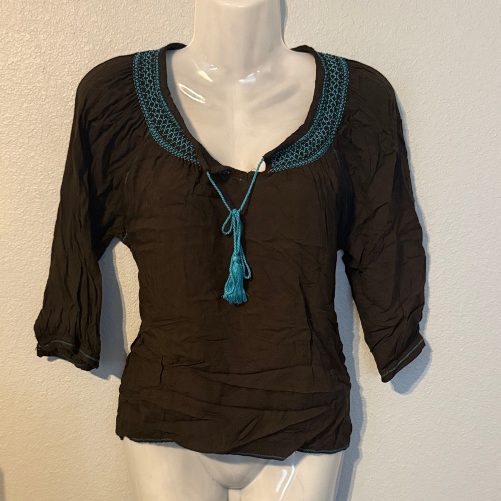 Elegant Brown Blouse with Teal Details